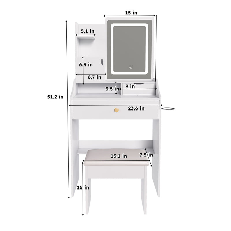 3 Color LED Vanity Mirror With Stool, Dressing Table For Bedroom, 2 Drawers & 5 Storage Cabinets (4 Open + 1 Hidden), Adjustable Lighting - White