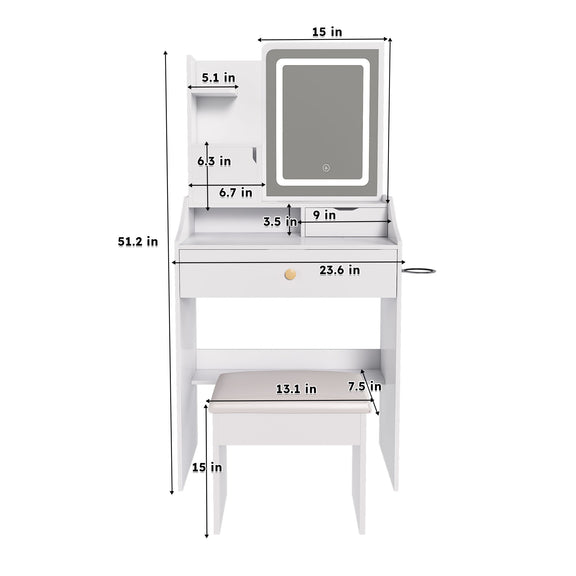 White vanity table with LED mirror and stool, shown with dimensions