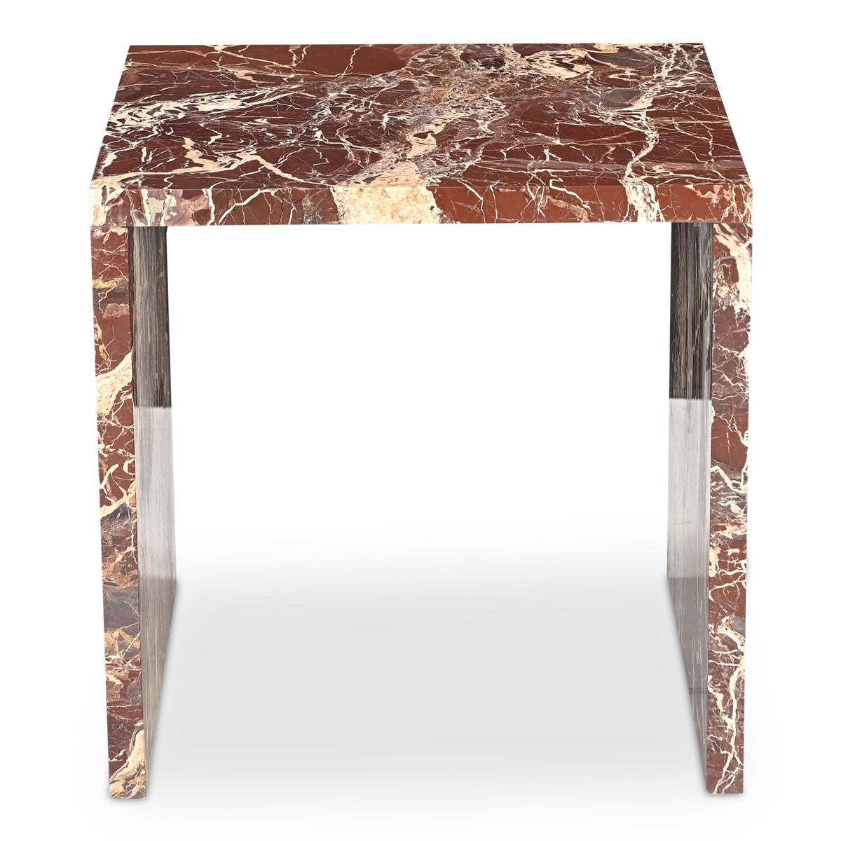 Rosa marble accent table with reddish-brown veined top and slim metal legs