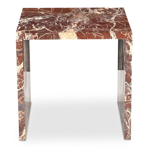 Rosa marble accent table with reddish-brown veined top and slim metal legs