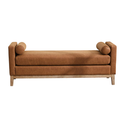 Elegant Upholstered Bench, Daybed, Ottoman with Wood Legs & 2 Bolster Pillows, Brown PU,66.34'W