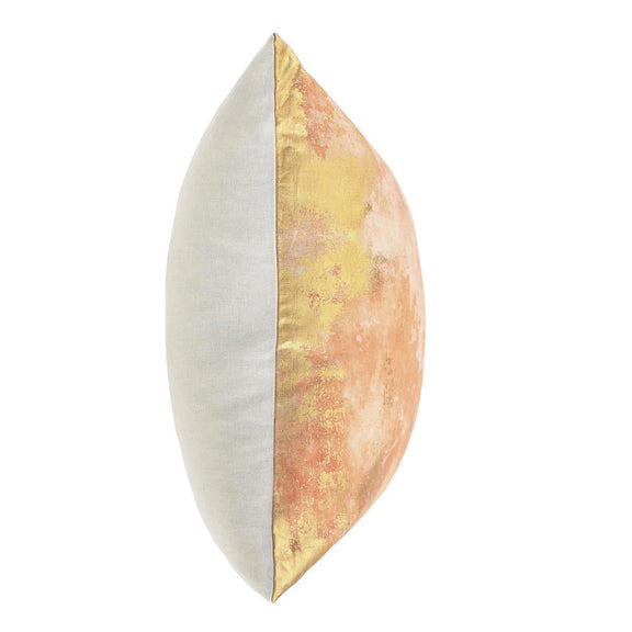 22x22 square throw pillow, side view showing seam and burnt orange/gold textured panel
