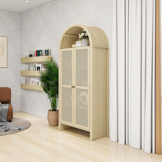 Tall Arched Kitchen Pantry, Arched Storage Display Cabinet With 2 Drawers & Adjustable Shelves, Rattan Door Versatile Storage Cabinet For Kitchen, Dining Room - Natural