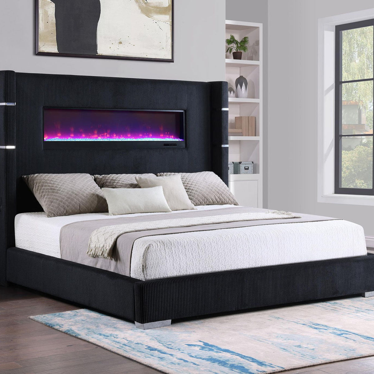 Tisdall Upholstered Queen Flame Visualizer Bed Black