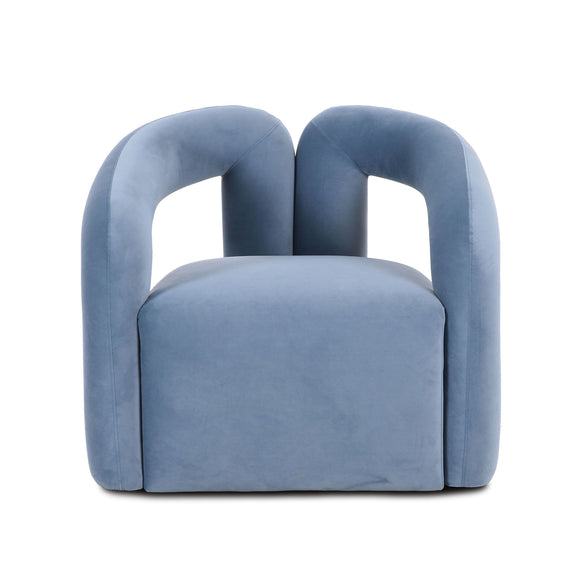 Blue accent chair with curved arms and padded upholstered seat