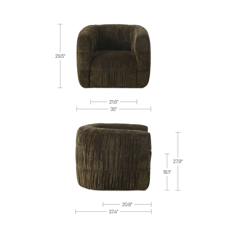 Dark green upholstered swivel chair shown with front and side dimensions