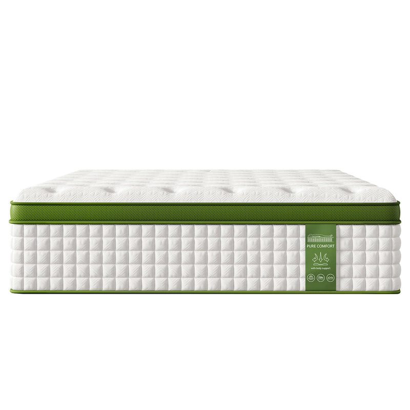White hybrid mattress with green edge and quilted, padded sides.