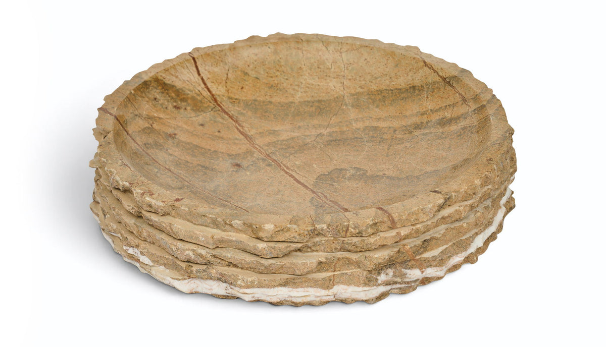 Brown genuine marble bowl, shallow circular shape with natural veining