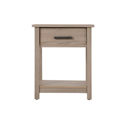 Light wood nightstand with single drawer and open lower storage space