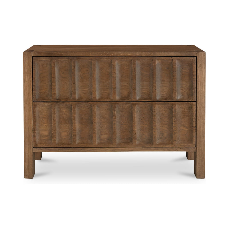 Brown wooden nightstand with two drawers and straight legs