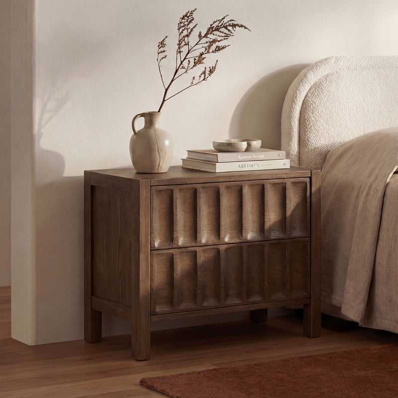 Brown wooden nightstand with two drawers and square tapered legs