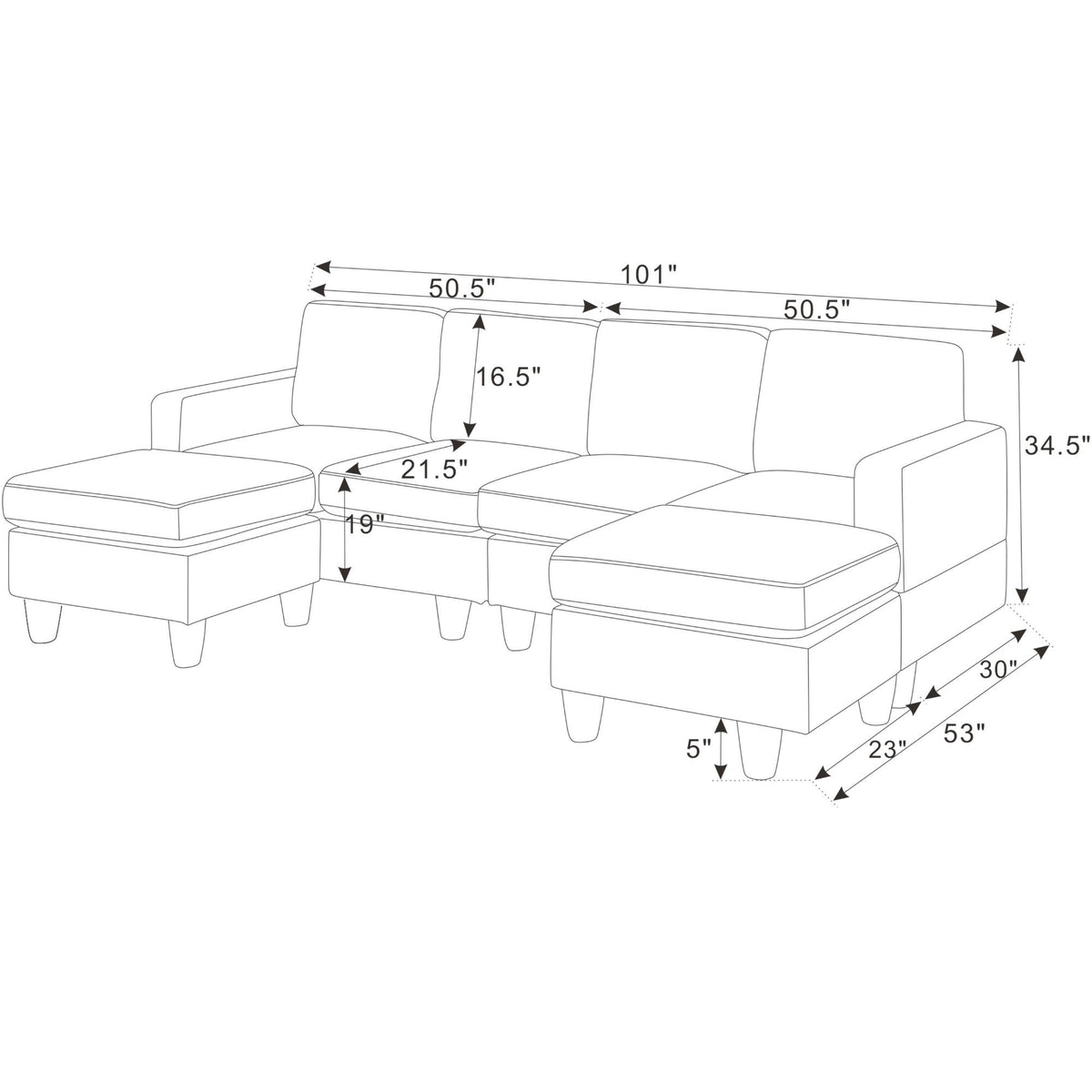 Sectional sofa layout diagram with two ottomans and dimensions marked in inches