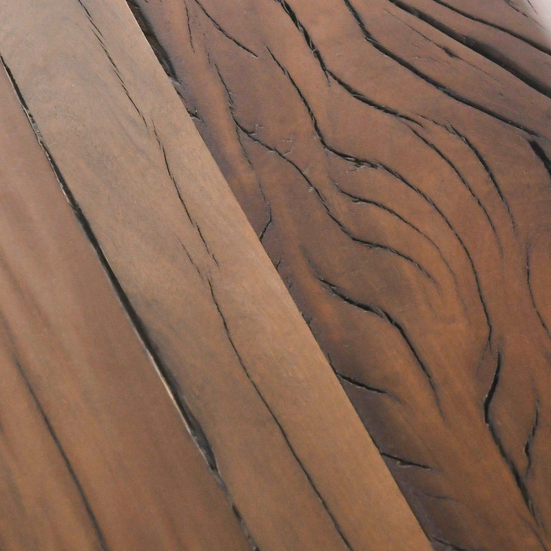 Reclaimed wood tabletop surface with dark grain lines and natural texture