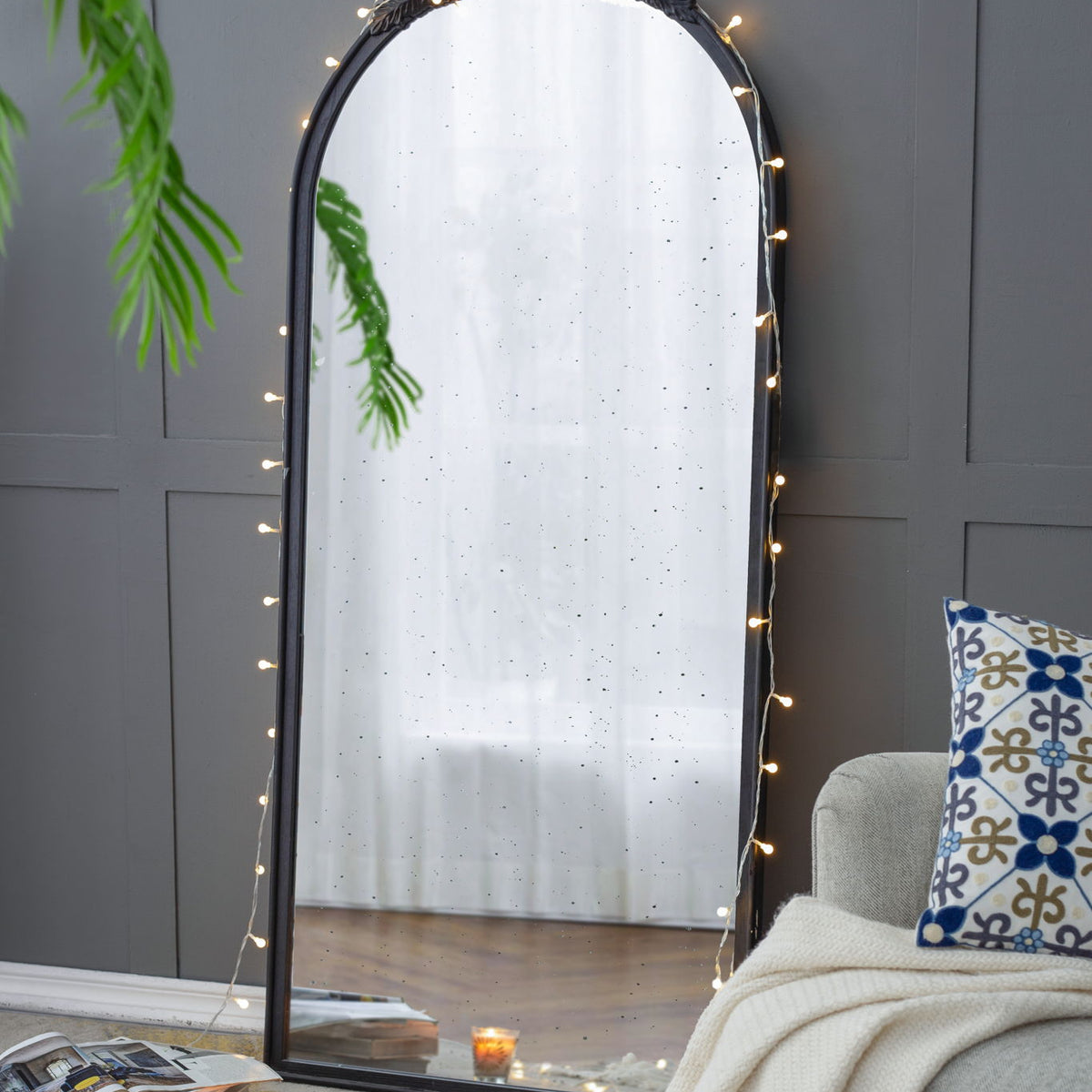 Hand Carved Rose Antique Mirror Frame, Wood Arch Mirror Wall Decor For Living Room