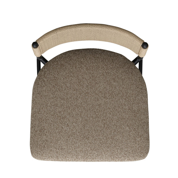 Celine boucle bar stool close-up of beige backrest and dark upholstered seat.