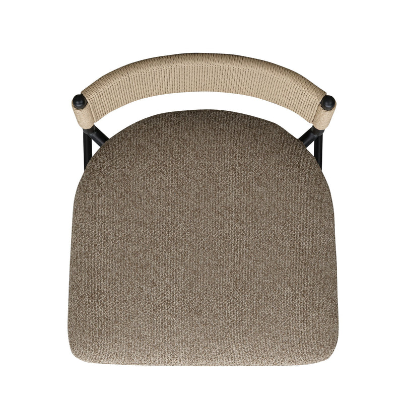 Celine boucle bar stool close-up of beige backrest and dark upholstered seat.