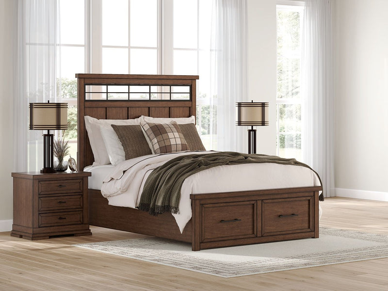 Brown storage bed with panel headboard, drawers on foot, and white bedding