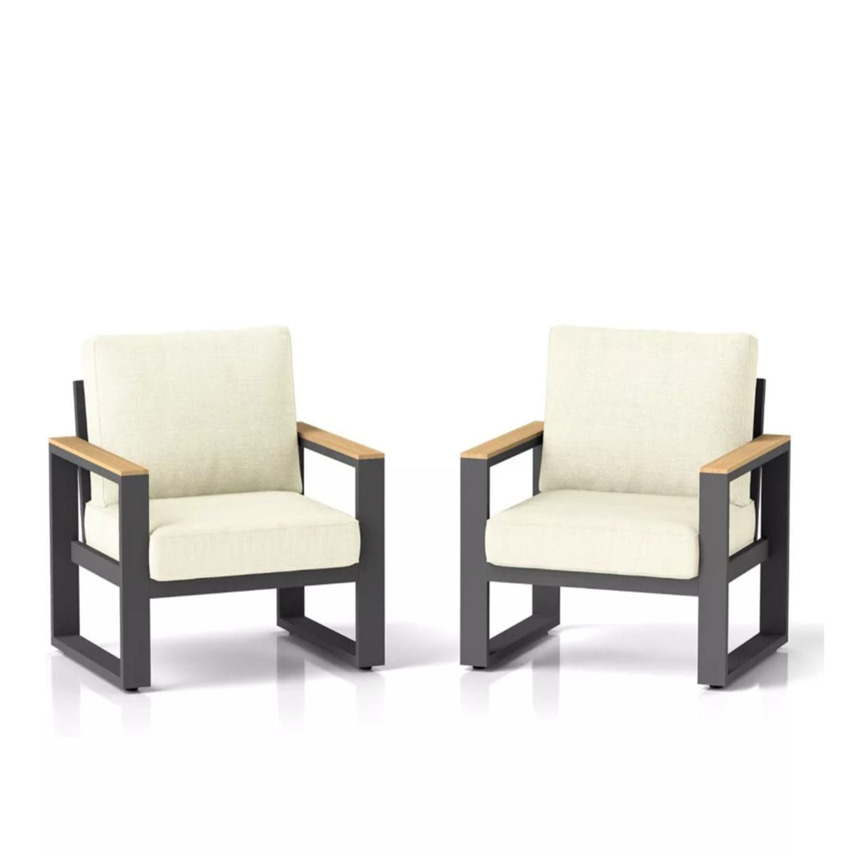 Beige patio armchairs with thick cushions, wood armrests, and dark frames (set of 2)