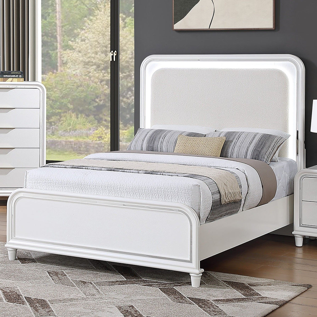Bed With LED Lights Panel Headboard And Footboard Frame
