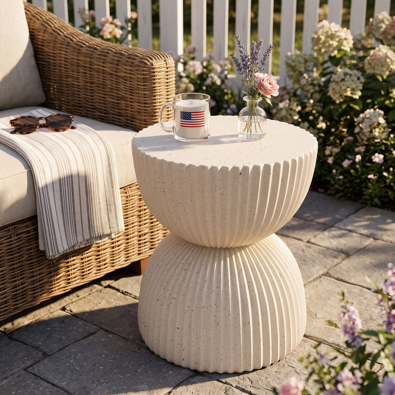 Beige speckled ribbed side table, fluted two-tier pedestal