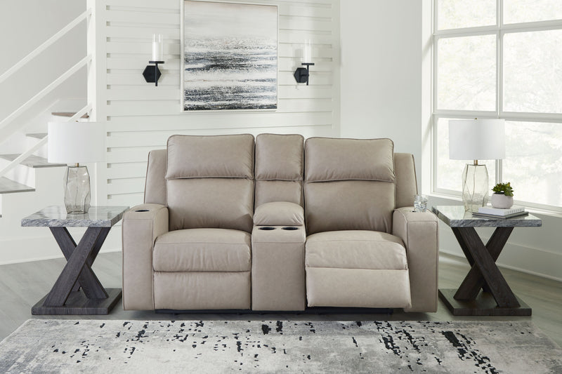 Pebble upholstered reclining loveseat with console, double recline seats and wide padded arms
