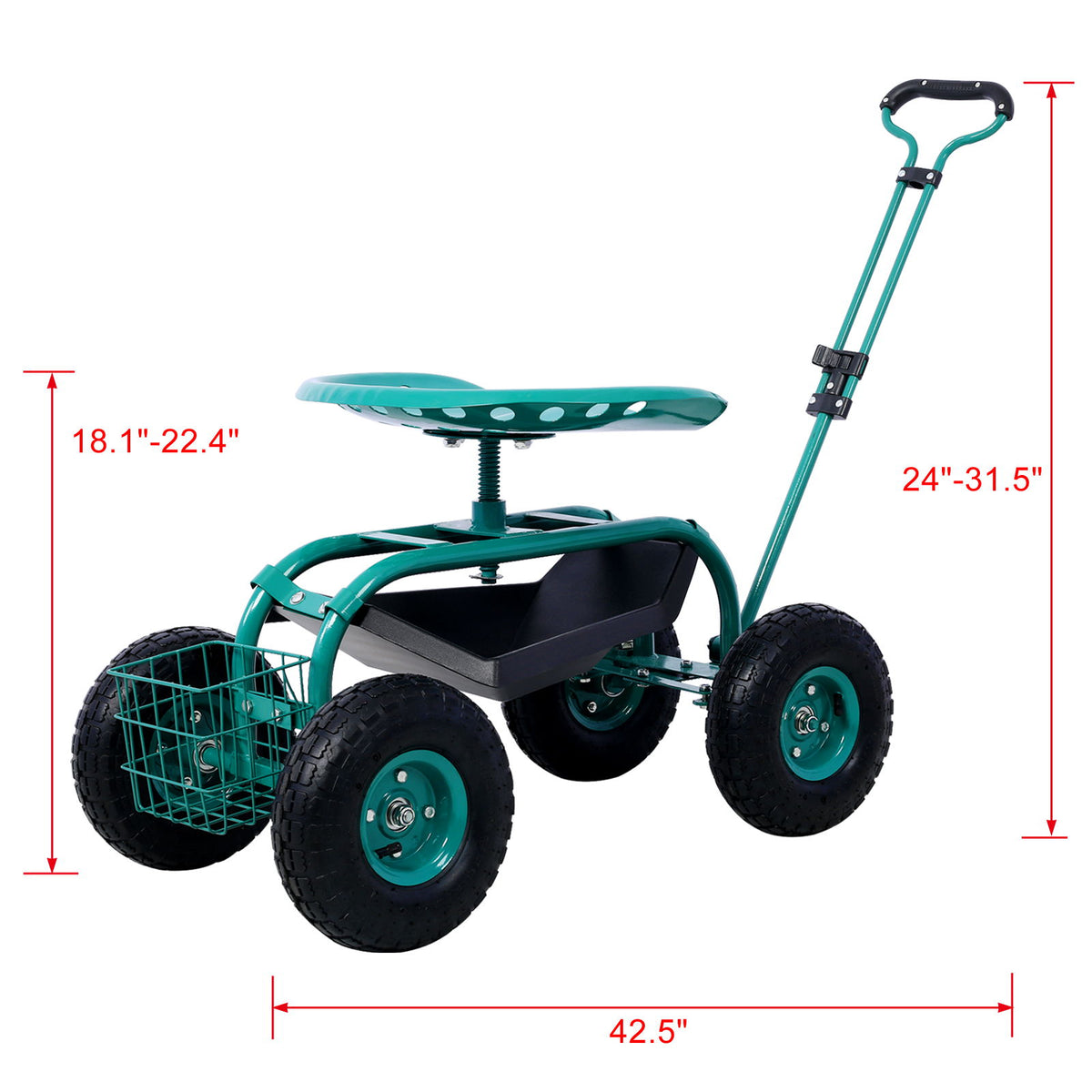 Green garden scooter cart with swivel seat, black tool tray, and three big rubber wheels