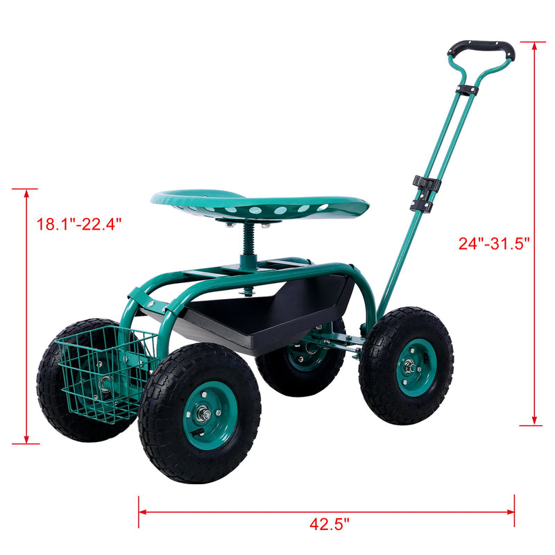 Green garden scooter cart with swivel seat, black tool tray, and three big rubber wheels