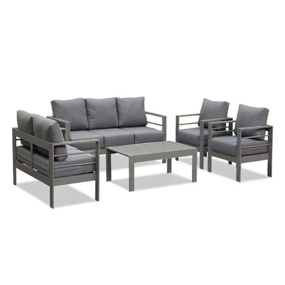 Dark gray outdoor patio seating set with sofa, chairs, and square coffee table