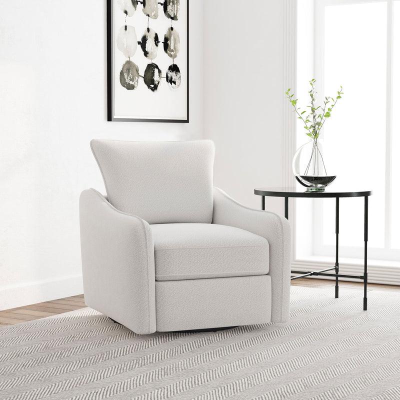 White upholstered swivel chair with padded seat, arms, and high back