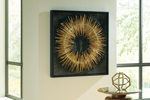 Black framed wall art with gold sunburst rod circle on dark square panel