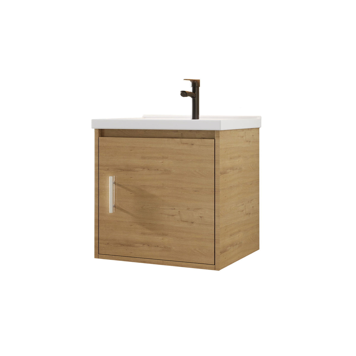 Wall-mounted bathroom vanity cabinet with ceramic sink, light brown finish and white countertop