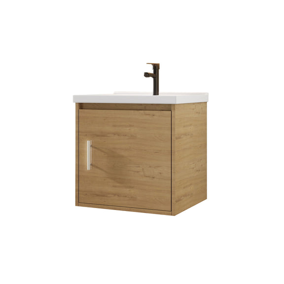 Wall-mounted bathroom vanity cabinet with ceramic sink, light brown finish and white countertop