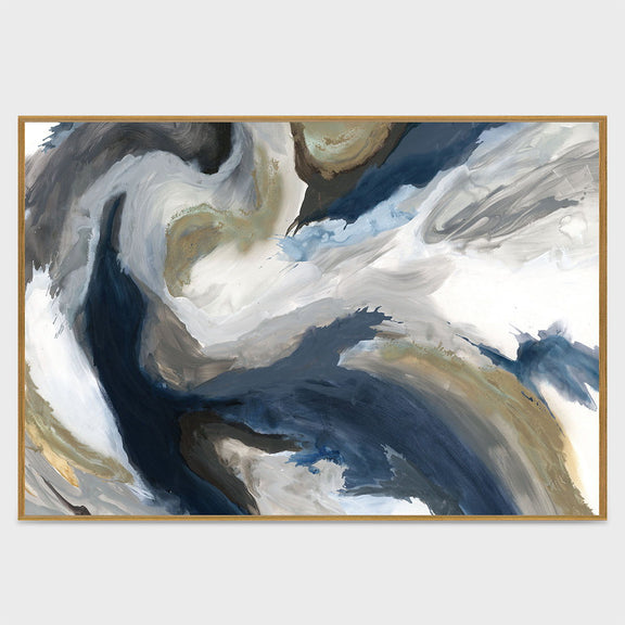 Abstract blue, white, and beige brushstroke painting in gold-framed rectangle
