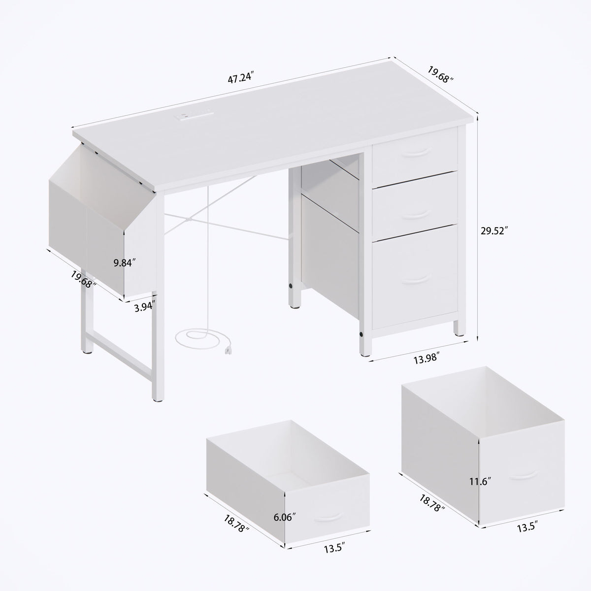Office Desk With Power Outlet, 3 Drawers And Side Pocket For Office - White