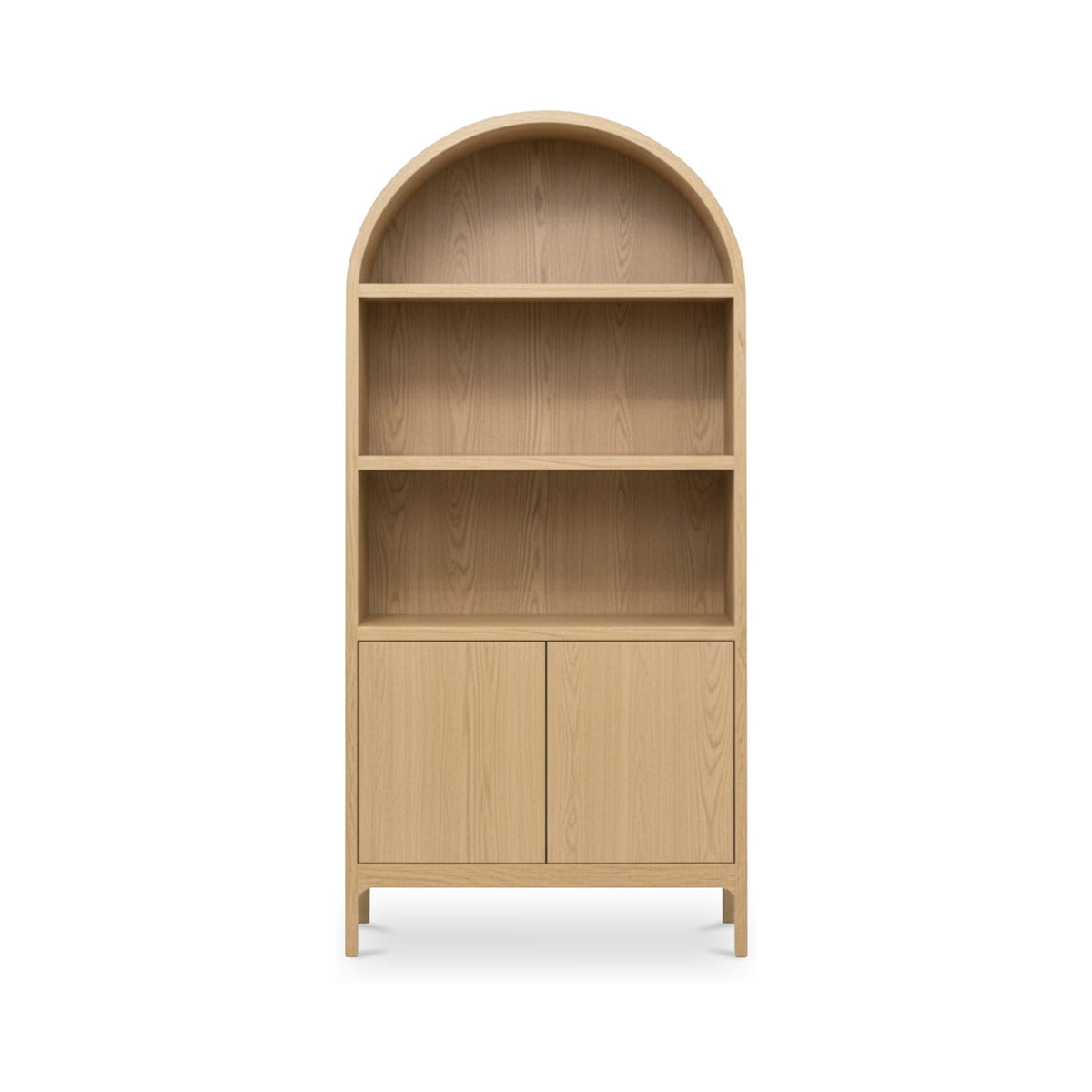 Natural wood display cabinet with arched top, open shelves, and two lower doors