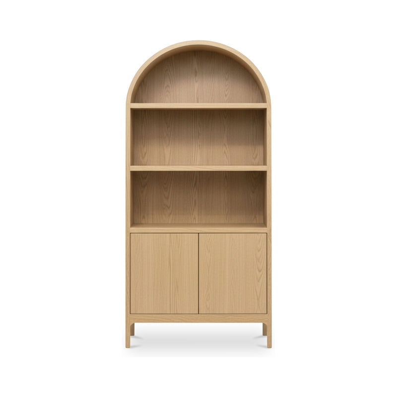 Natural wood display cabinet with arched top, open shelves, and two lower doors