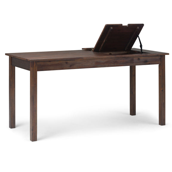 Distressed charcoal-brown desk with flip-up writing surface and black metal support