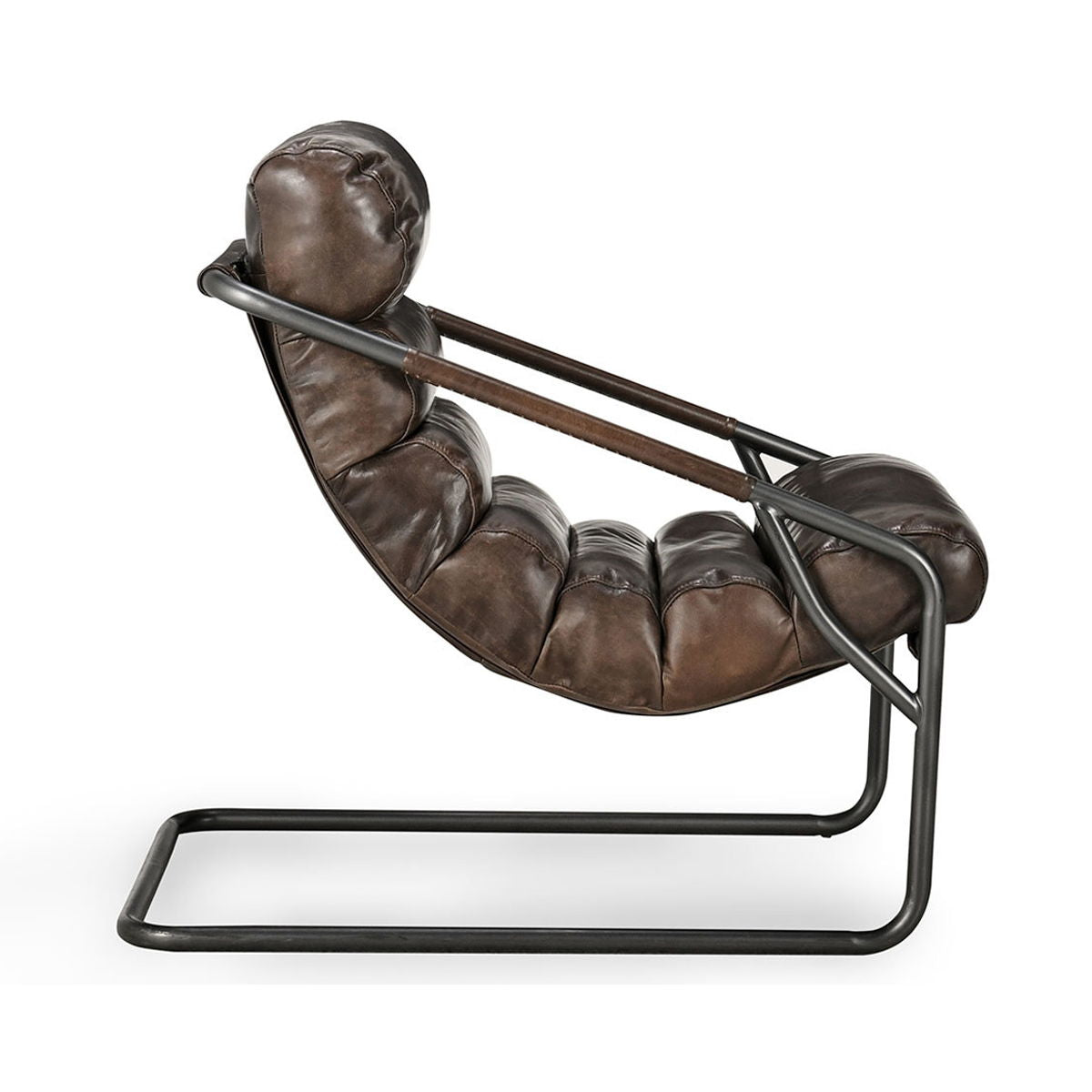 Jackson accent chair in dark brown leather, curved arm and black metal sled base