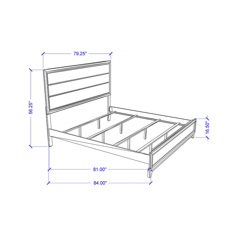 Dark gray platform bed frame with slat headboard and underbed dimensions