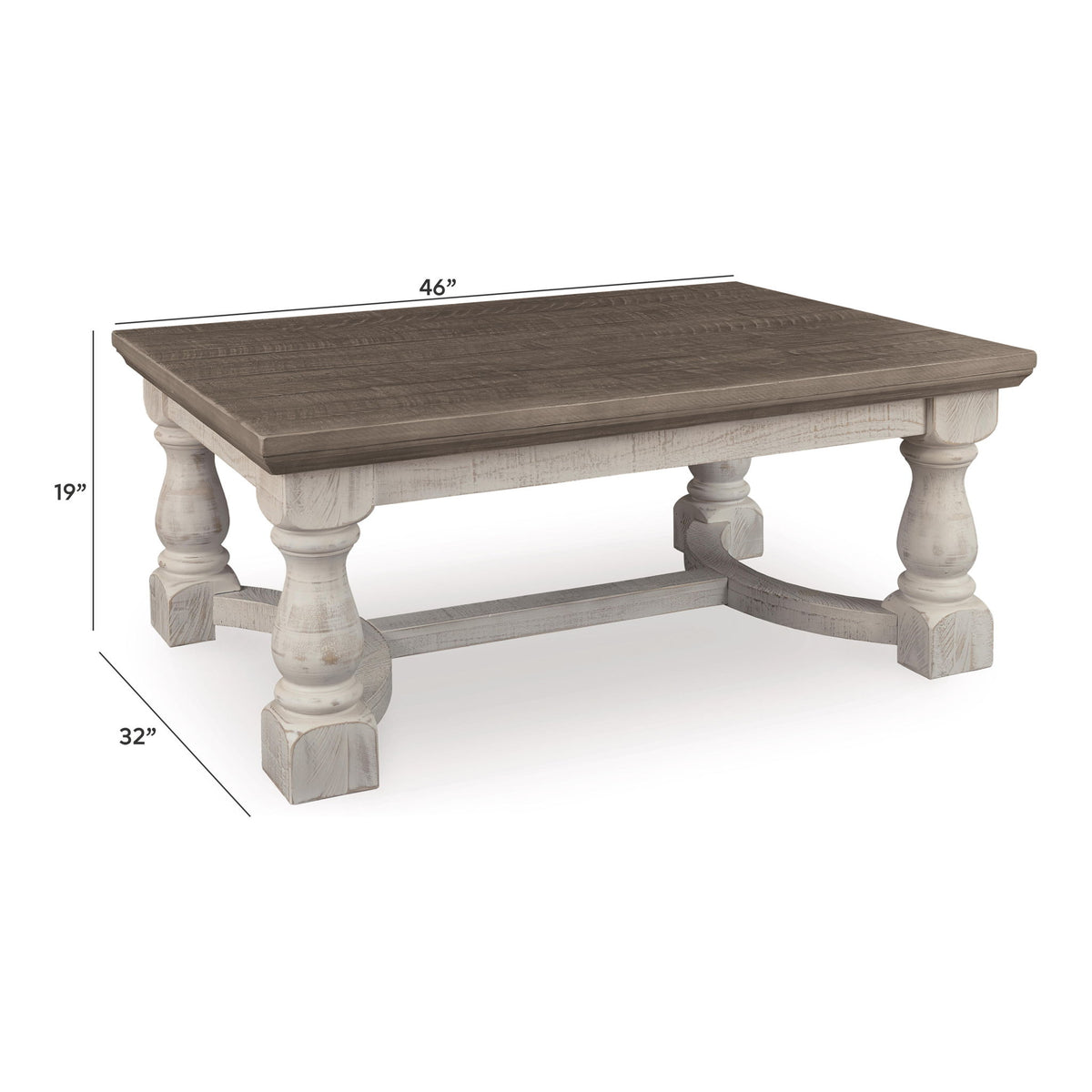 Rectangular cocktail table with gray top and white turned legs, 46 x 32 in