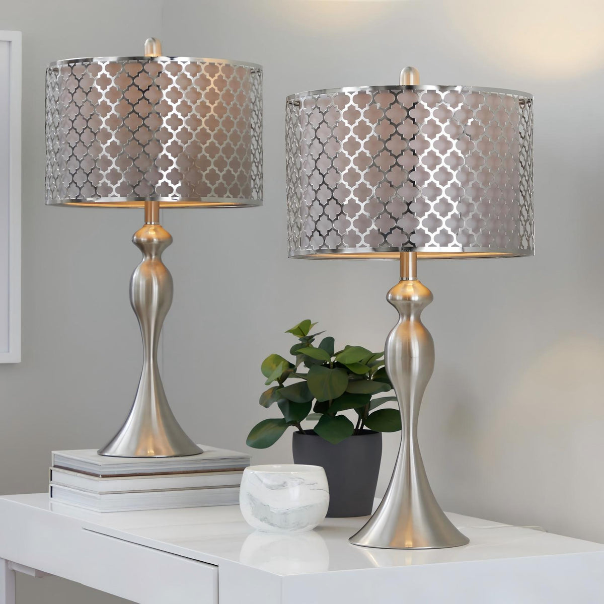 Ashland contemporary table lamp set of 2 with gray patterned fabric shades and gold-tone bases