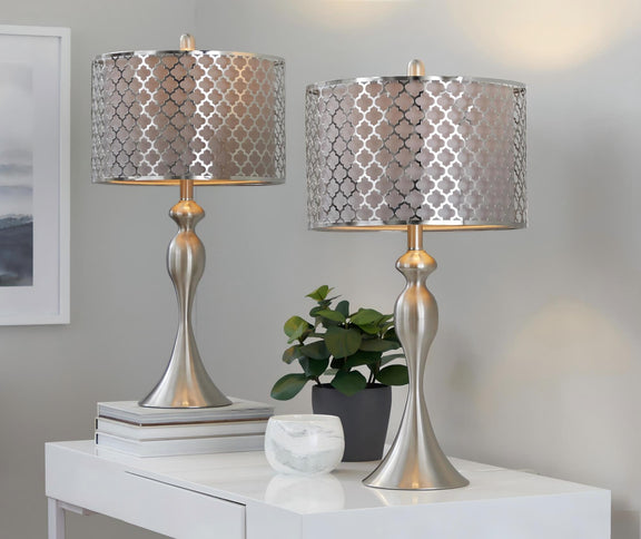 Ashland contemporary table lamp set of 2 with gray patterned fabric shades and gold-tone bases