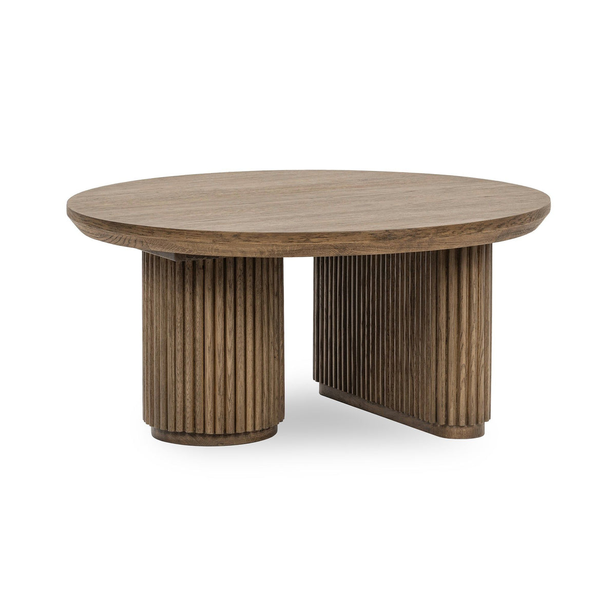 Tawny brown round solid wood coffee table with ribbed pedestal legs