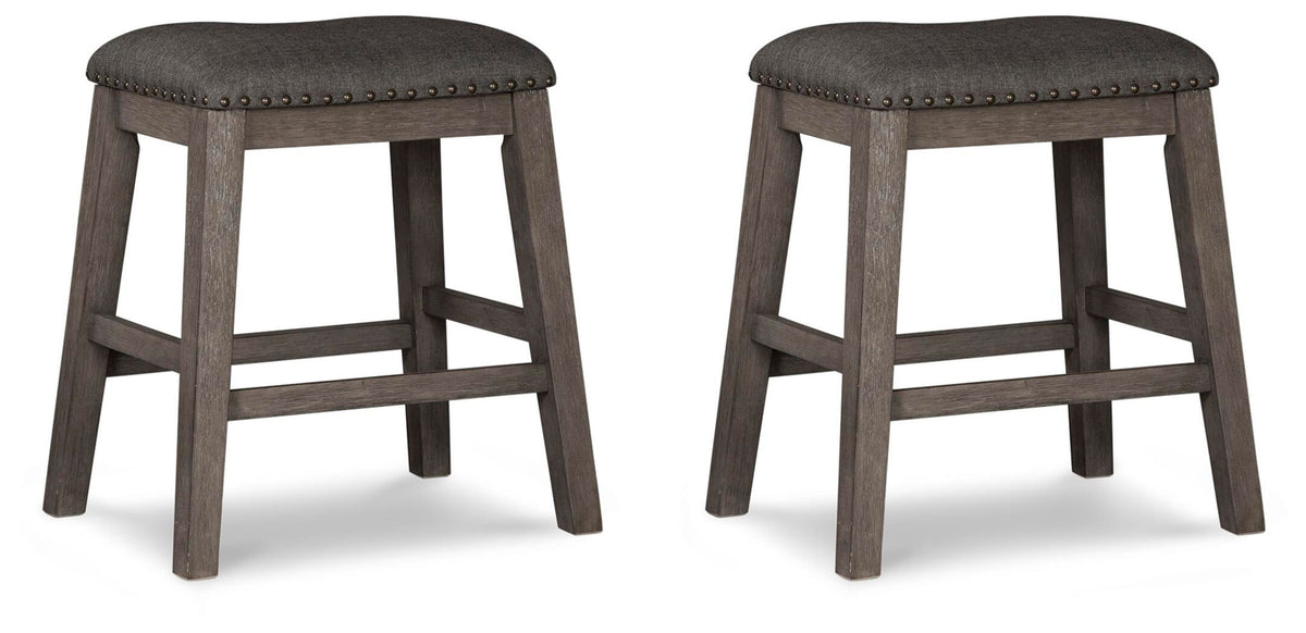Pair of gray upholstered stools with round padded seats and X-back supports
