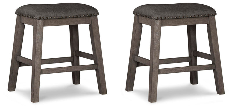Pair of gray upholstered stools with round padded seats and X-back supports