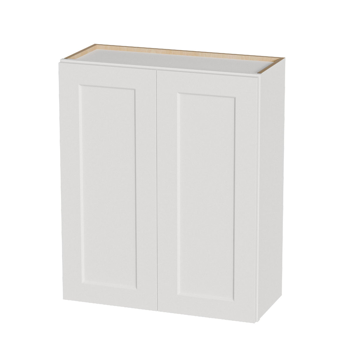 White shaker wall cabinet with two paneled doors and wood-toned top