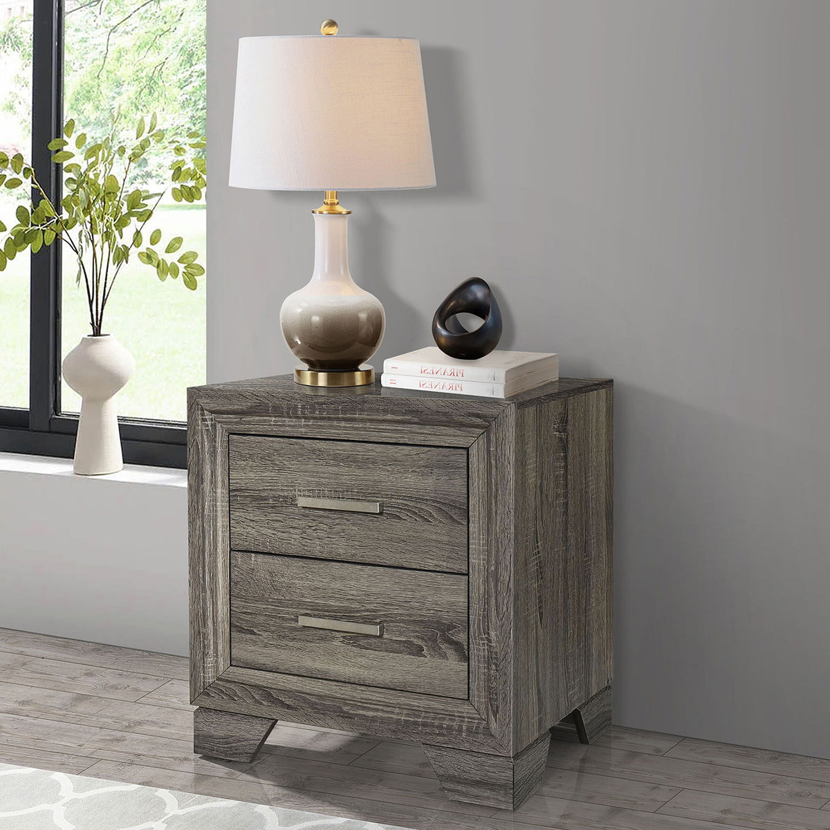 Funston 2-drawer nightstand in gray-brown oak with two drawers and bar pulls