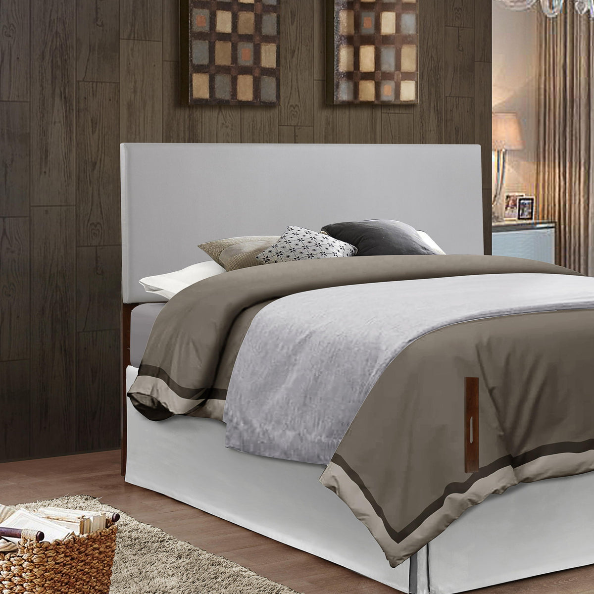 White upholstered headboard with tall rectangular panel and dark wood legs