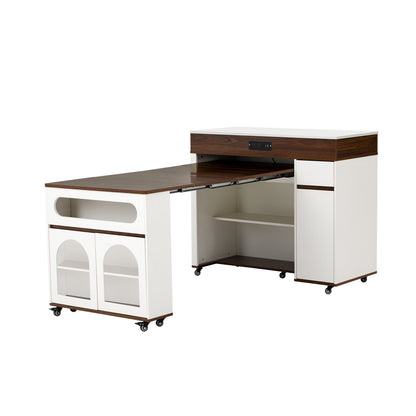 Rolling kitchen island with fold-out leaves, dark wood top, open central cabinet and side storage