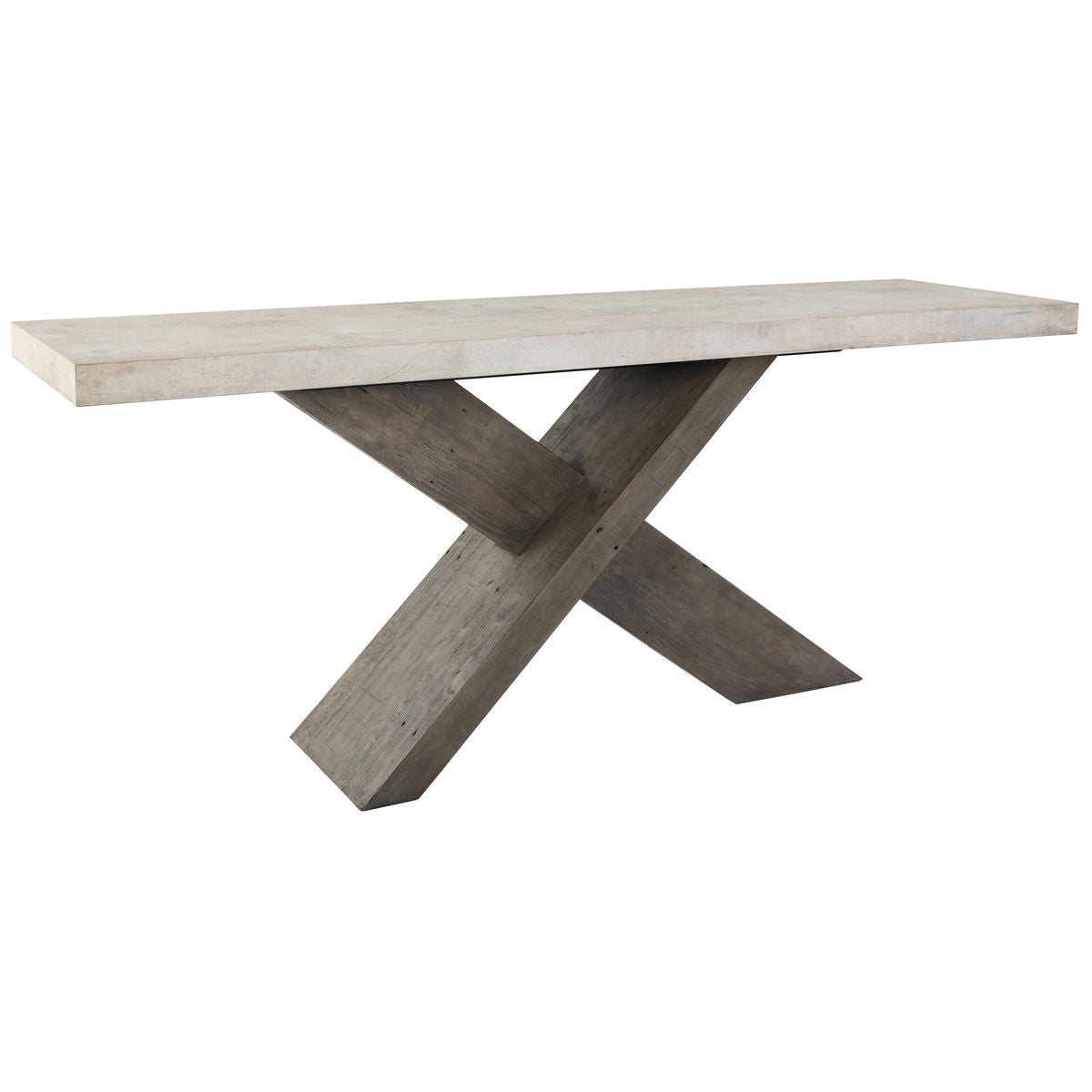 Distressed gray console table with X-shaped base and chalk-finished rectangular top